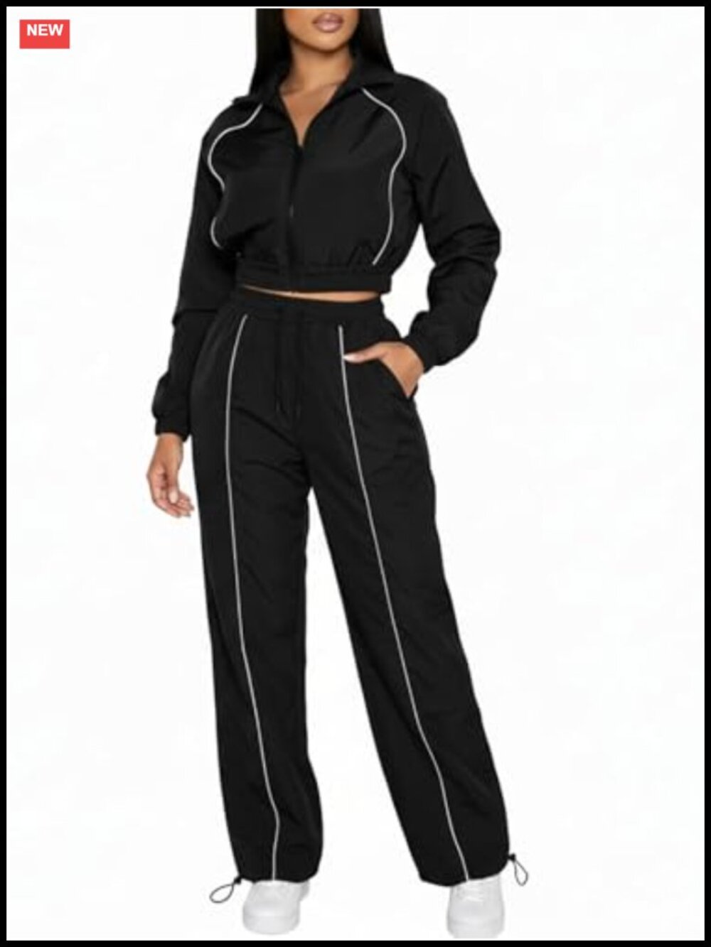 2 Piece Windbreaker Tracksuit Cropped Jacket Wide Leg Pants